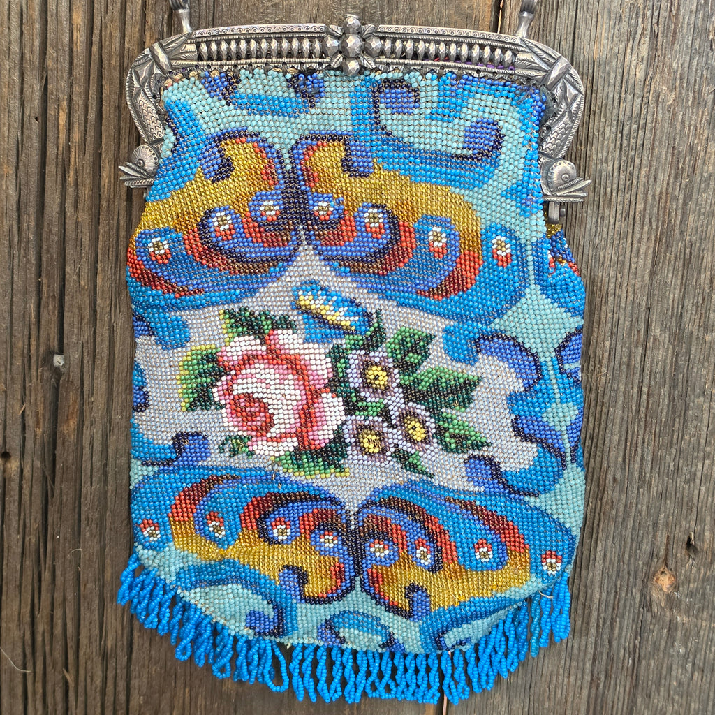 Antique Art Deco Micro Beaded Purse Blue Rose Floral Fringe Evening Bag Flapper