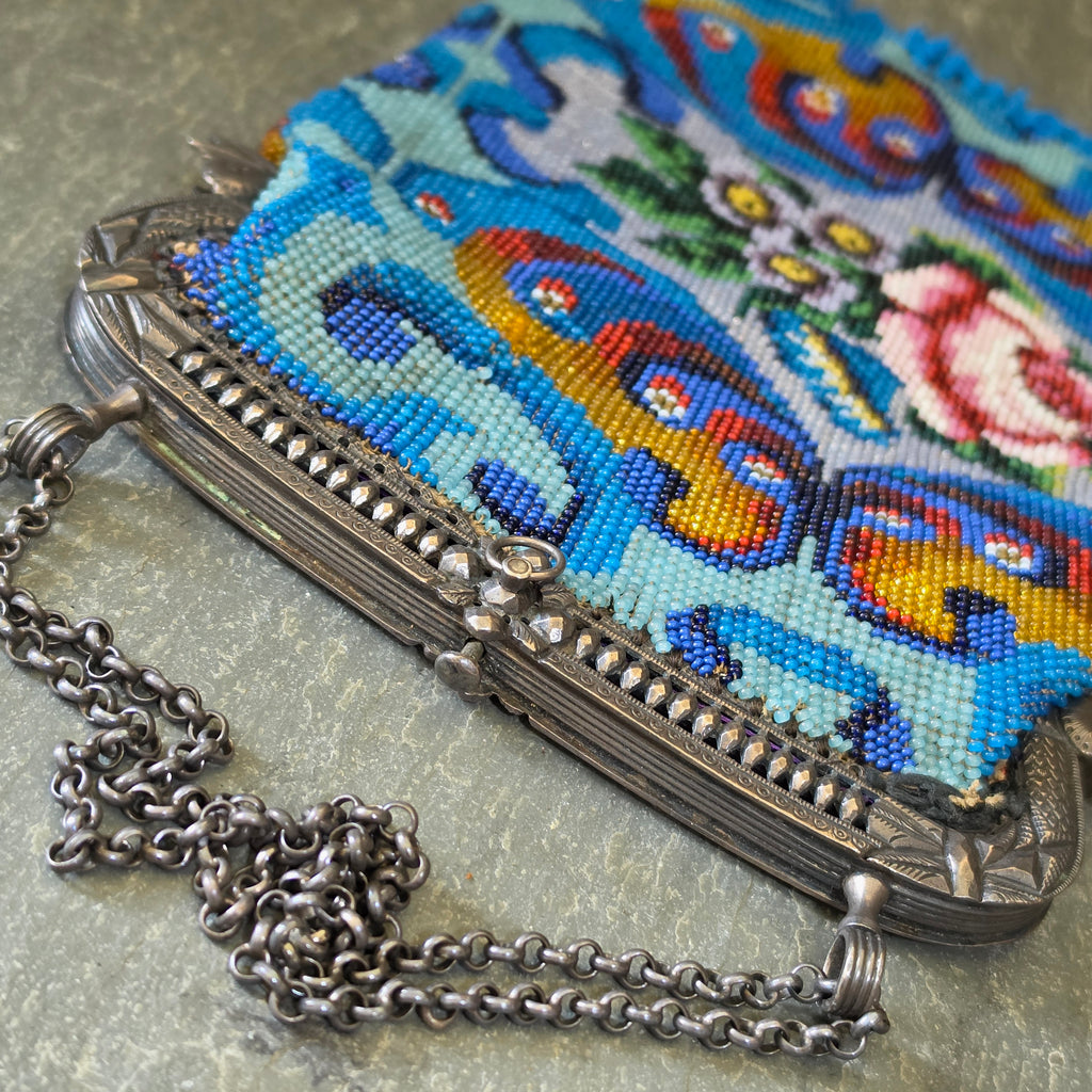 Antique Art Deco Micro Beaded Purse Blue Rose Floral Fringe Evening Bag Flapper