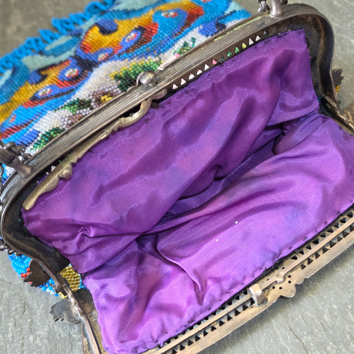 Antique Art Deco Micro Beaded Purse Blue Rose Floral Fringe Evening Bag Flapper