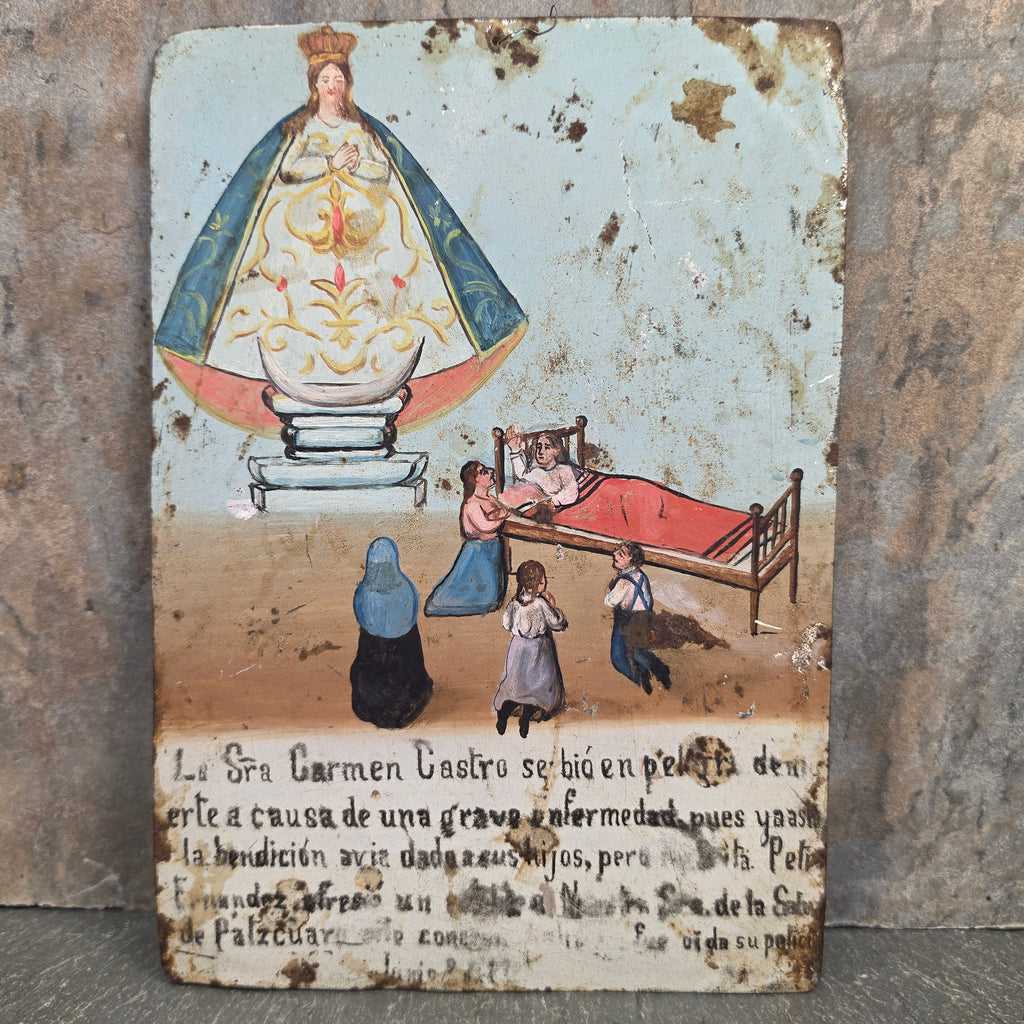 Antique Mexican Retablo Ex Voto Oil on Tin Our Lady of Health Patzcuaro Miracle