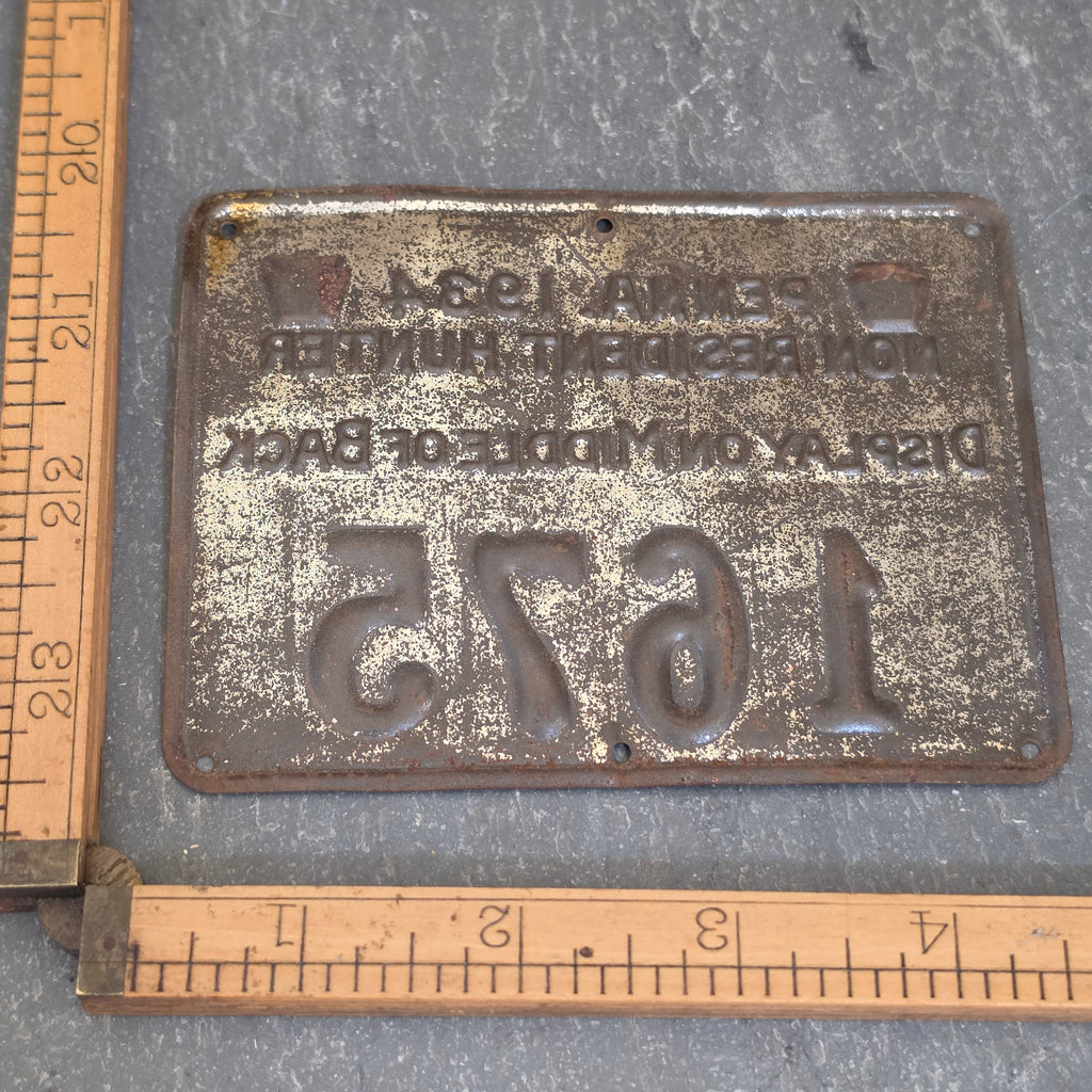 1934 PA Non Resident Hunter License Plate Antique Pennsylvania Hunting Tag Sign