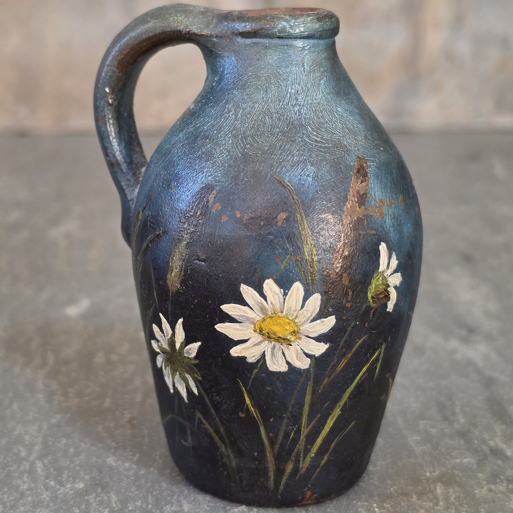 Antique Hand Painted Stoneware Miniature Whiskey Jug Victorian Folk Art Daisies