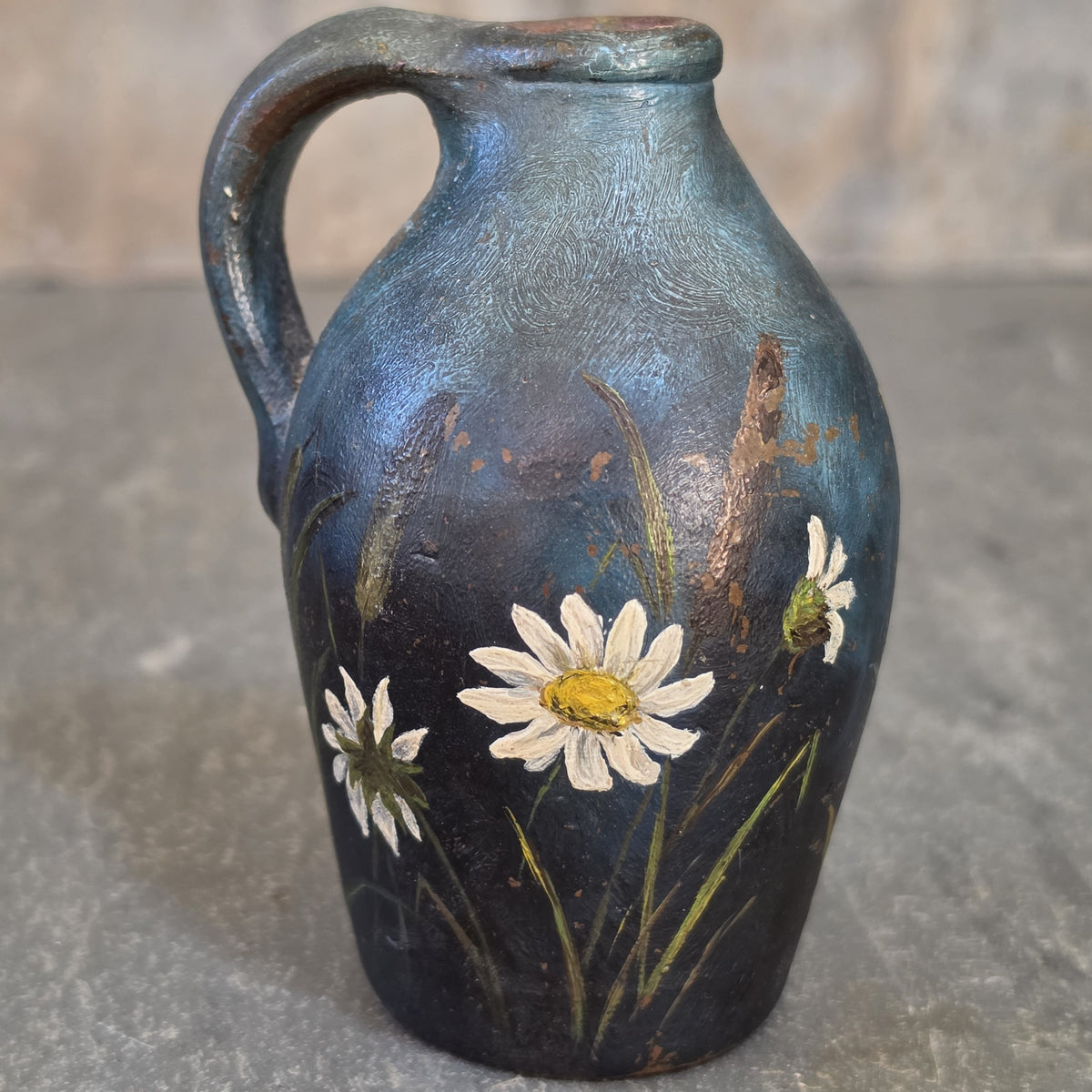 Antique Hand Painted Stoneware Miniature Whiskey Jug Victorian Folk Art Daisies