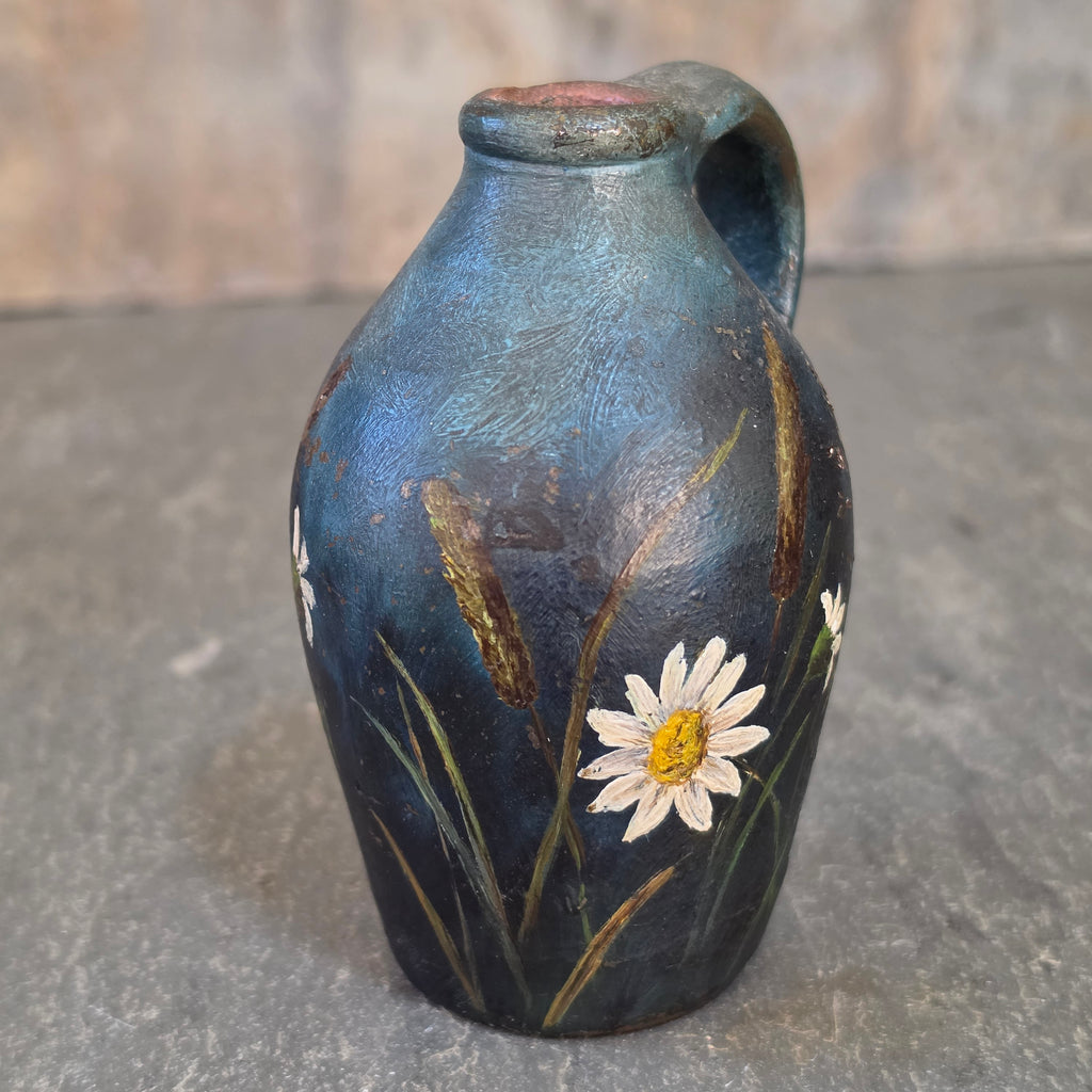 Antique Hand Painted Stoneware Miniature Whiskey Jug Victorian Folk Art Daisies