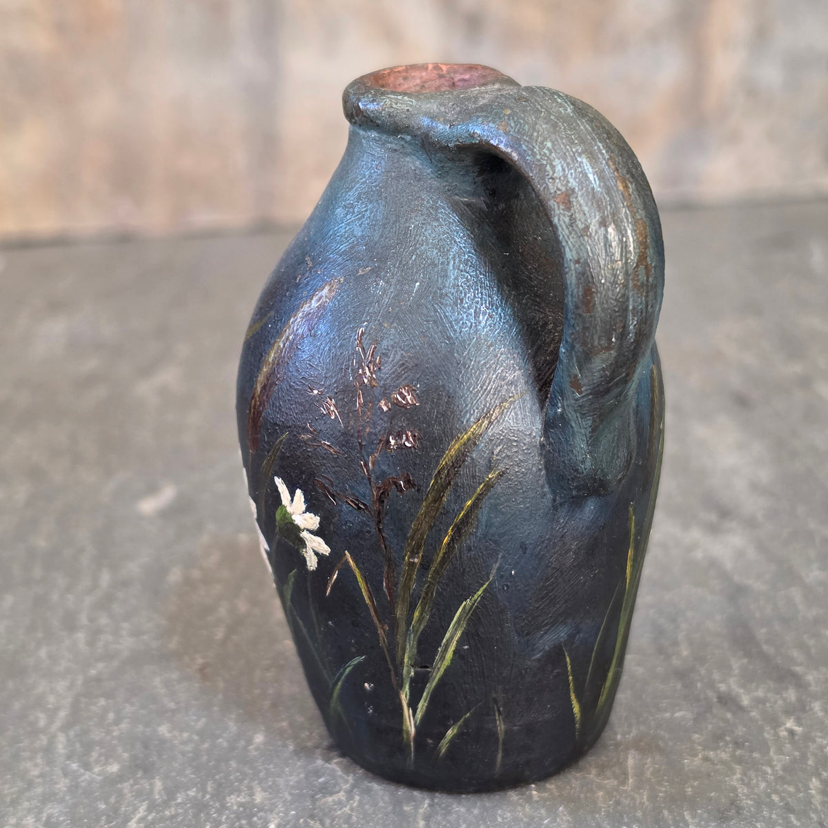 Antique Hand Painted Stoneware Miniature Whiskey Jug Victorian Folk Art Daisies