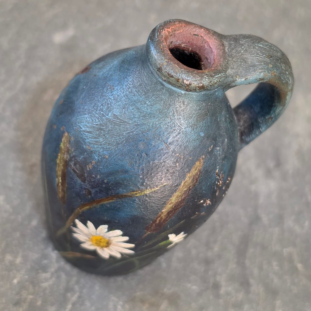 Antique Hand Painted Stoneware Miniature Whiskey Jug Victorian Folk Art Daisies