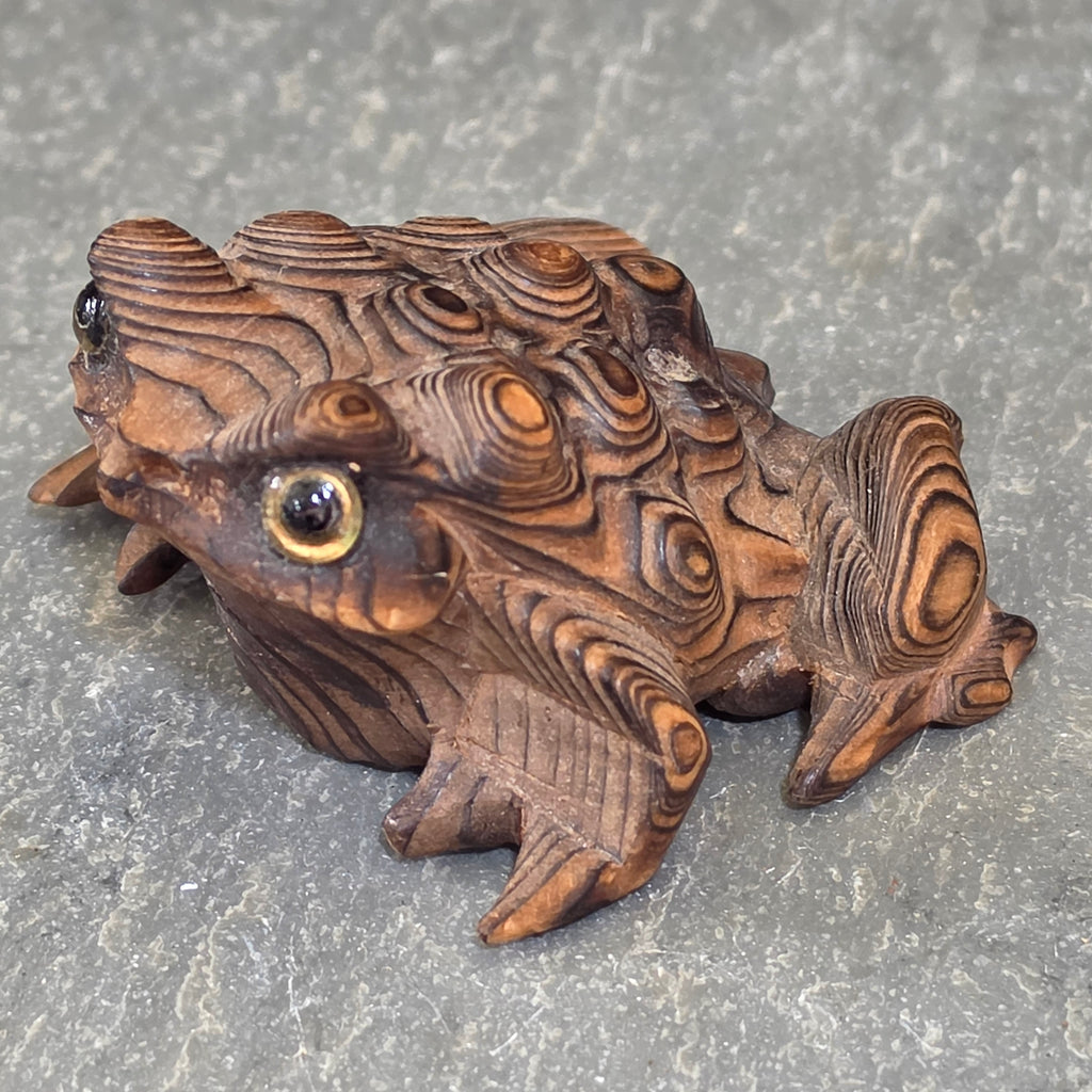 Vintage Japanese Carved Wood Toad Frog Inlaid Glass Eyes Sugi Wood Japan Okimono