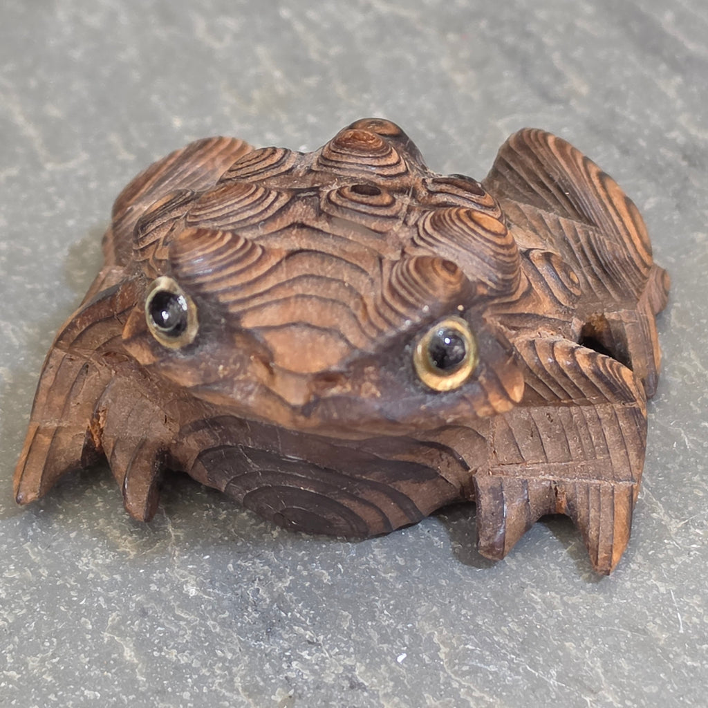 Vintage Japanese Carved Wood Toad Frog Inlaid Glass Eyes Sugi Wood Japan Okimono