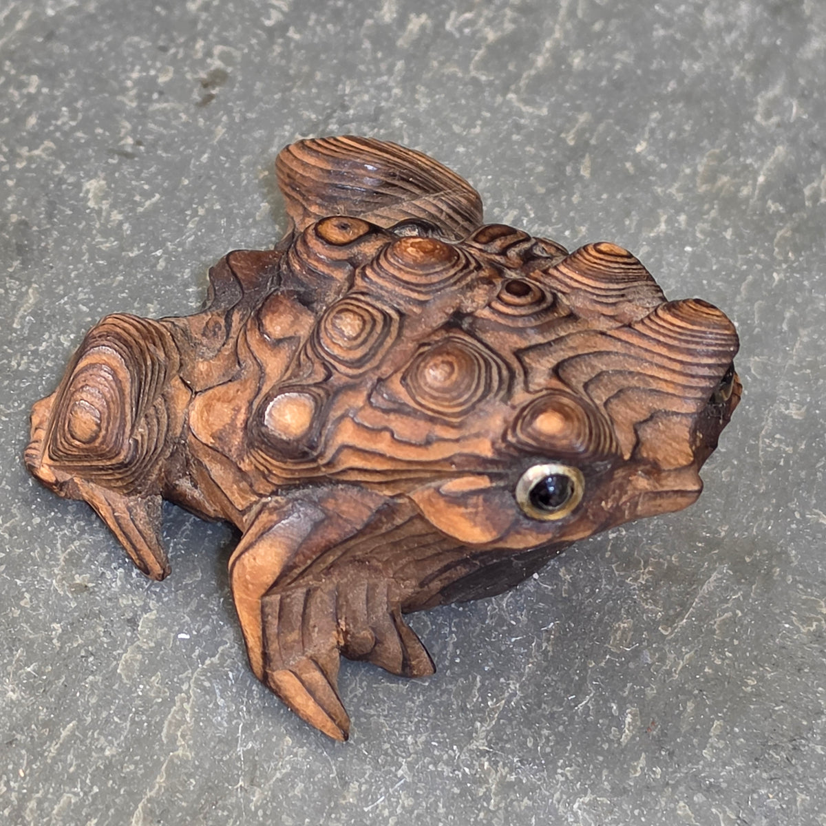 Vintage Japanese Carved Wood Toad Frog Inlaid Glass Eyes Sugi Wood Japan Okimono