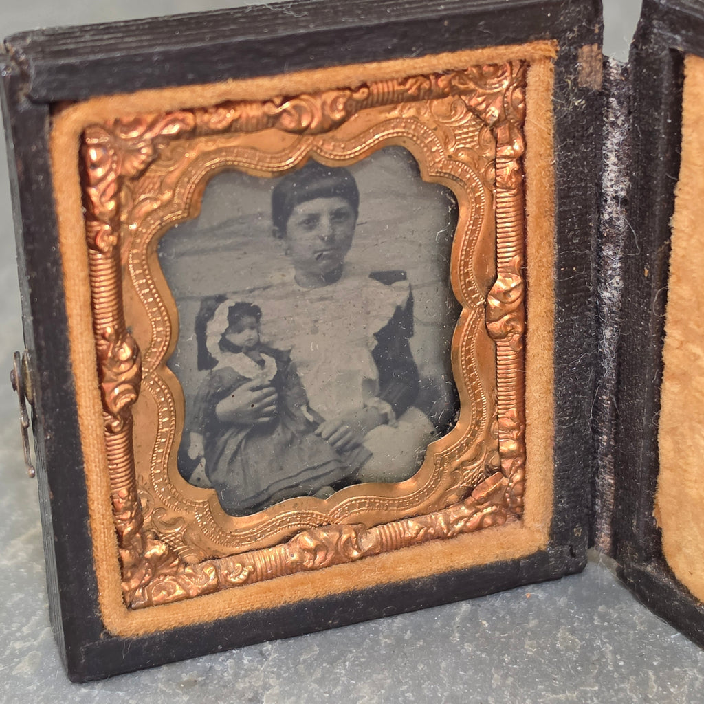 Antique Victorian Gem Tintype Photo Young Girl Holding Doll Embossed Union Case