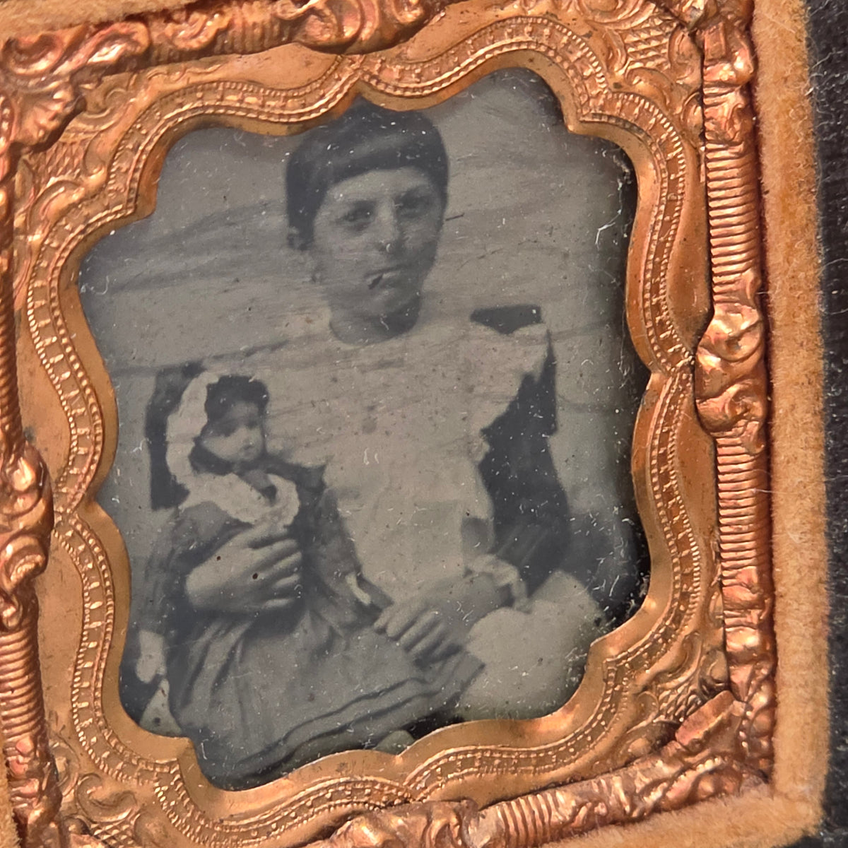 Antique Victorian Gem Tintype Photo Young Girl Holding Doll Embossed Union Case