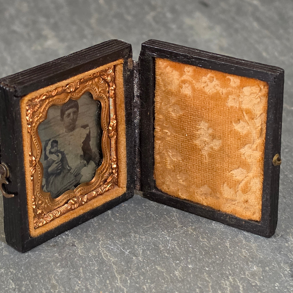 Antique Victorian Gem Tintype Photo Young Girl Holding Doll Embossed Union Case