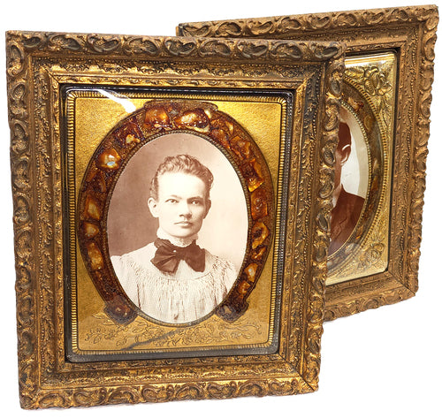 Pair Antique Victorian Gilt Gesso Photo Frames Couple Thick Glass Abalone Matte
