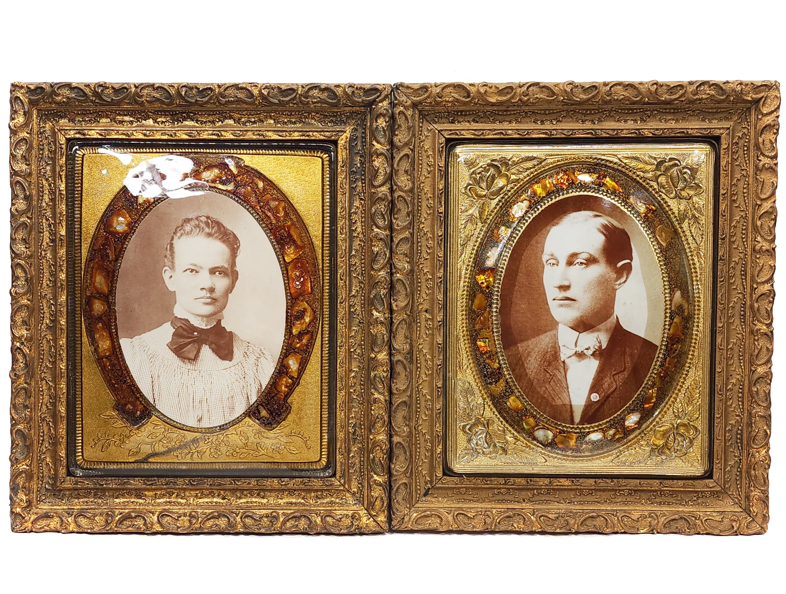 Pair Antique Victorian Gilt Gesso Photo Frames Couple Thick Glass Abalone Matte