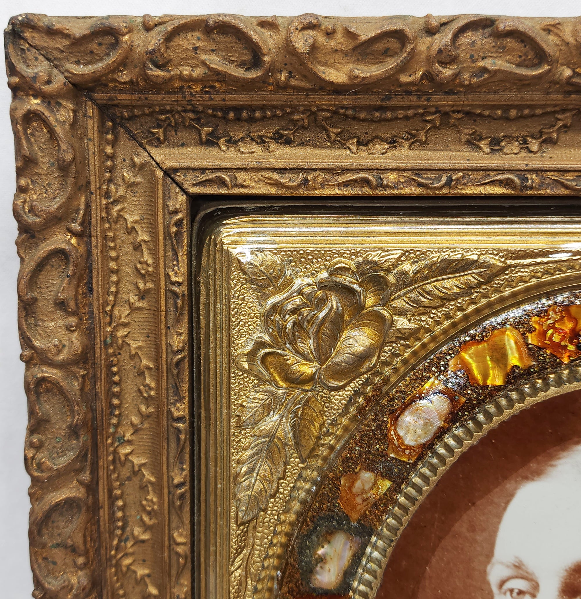 Pair Antique Victorian Gilt Gesso Photo Frames Couple Thick Glass Abalone Matte