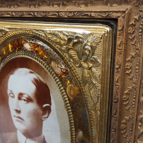 Pair Antique Victorian Gilt Gesso Photo Frames Couple Thick Glass Abalone Matte